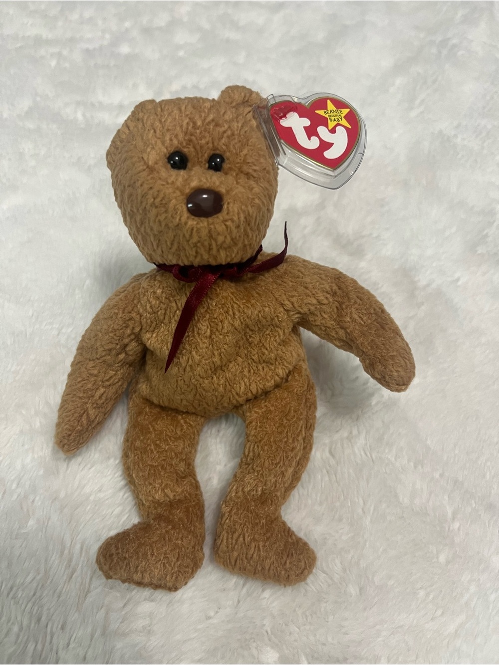 Ty Brown Teddy Bear Plush with Red Ribbon